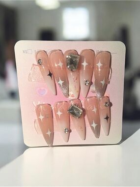 XS-Nude Pink Stiletto Press-On Nails with Rhinestone Accents